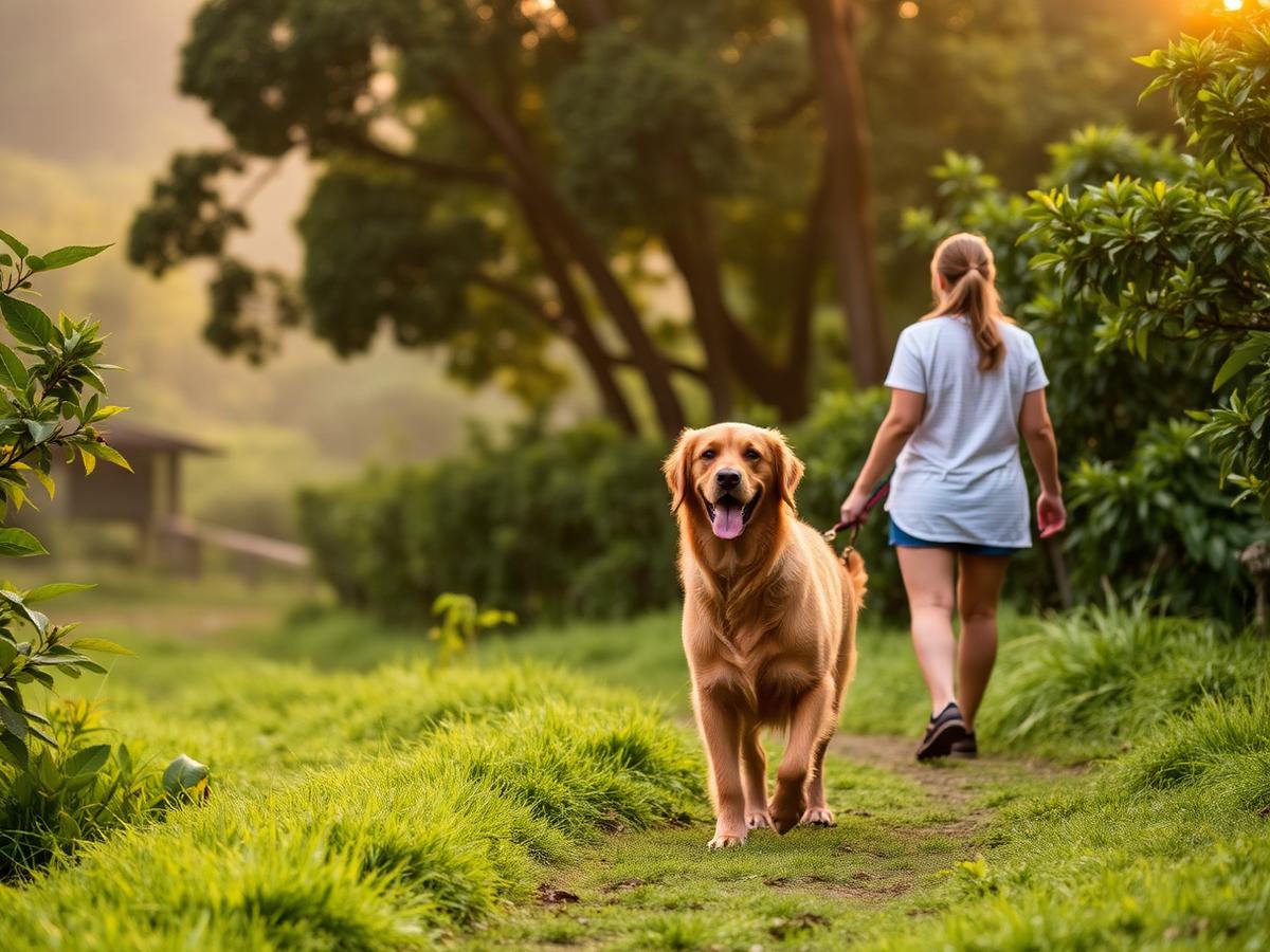 Guest walking a dog on an estate nature trail at sunrise