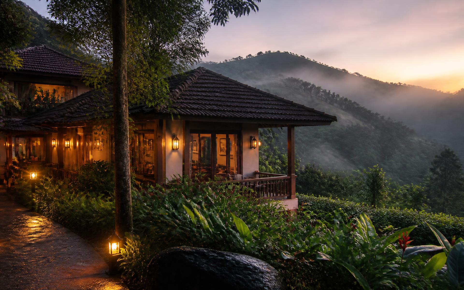 Edgestay cottages at dawn overlooking misty coffee plantation hills in Chikmagalur